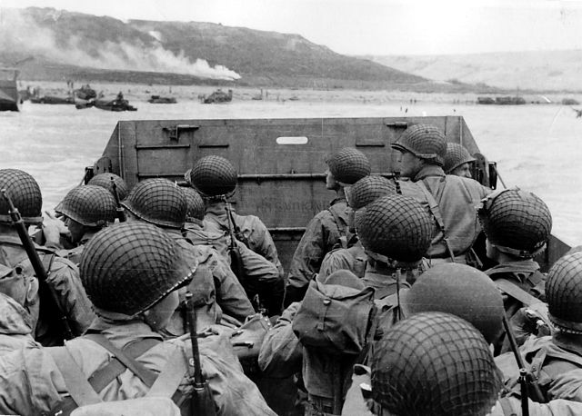 American troops on board a landing craft approaching Omaha beach